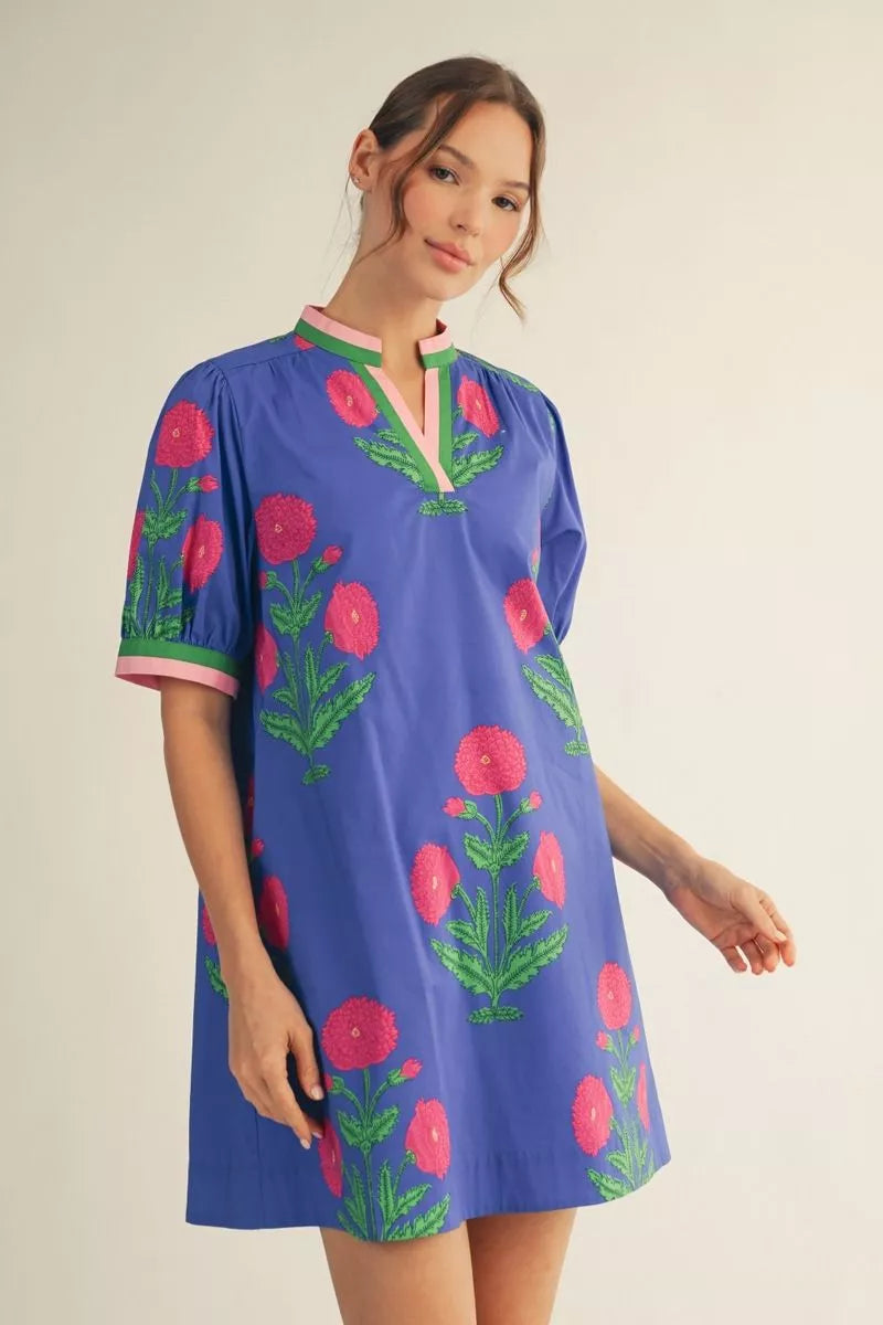 FLORAL SHIFT DRESS WITH SOLID CONTRAST DETAIL - BLUE