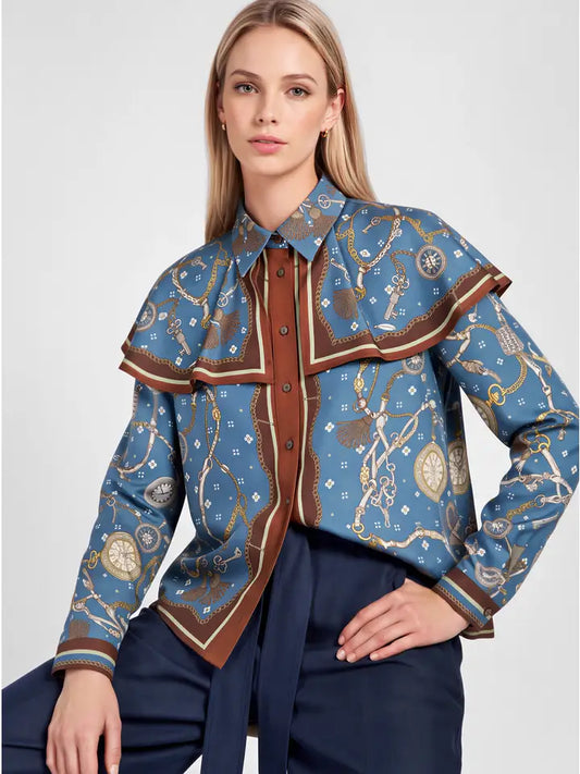 BLUE MULTI HIGH RISE HORSE BIT WIDE PANTS WITH SCARF WAIST BELT AND CAPE BLOUSE - 2 PC. SET
