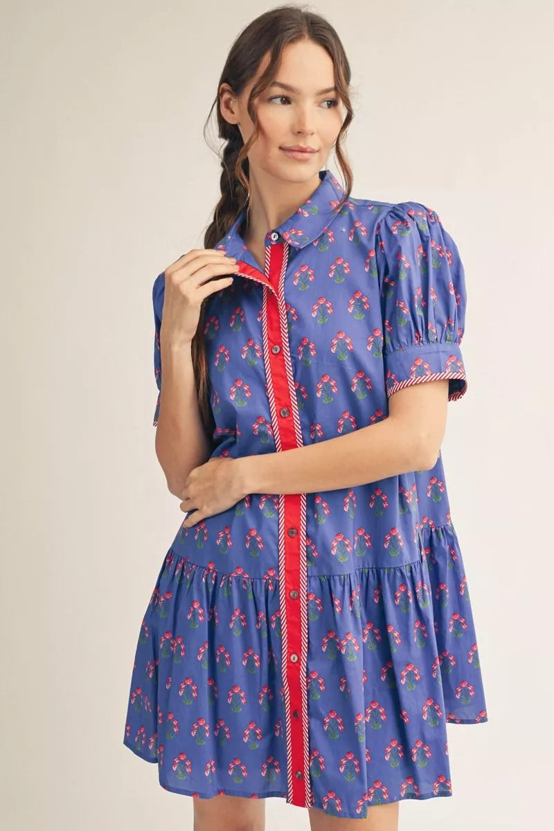 SHORT PUFF SLEEVE BUTTON DOWN FLORAL DRESS WITH CONTRAST ACCENT - BLUE