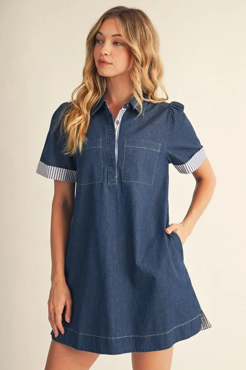 DENIM SHORT SLEEVE SHIFT DRESS WITH STRIPED CONTRAST TRIM