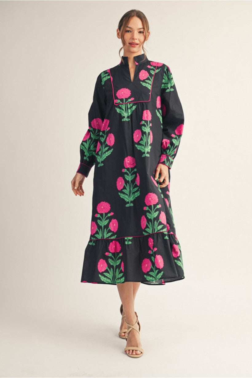 BLACK W/PINK FLORAL LONG SLEEVE MIDI DRESS