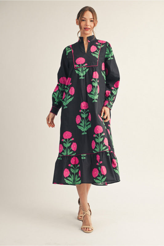 BLACK W/PINK FLORAL LONG SLEEVE MIDI DRESS