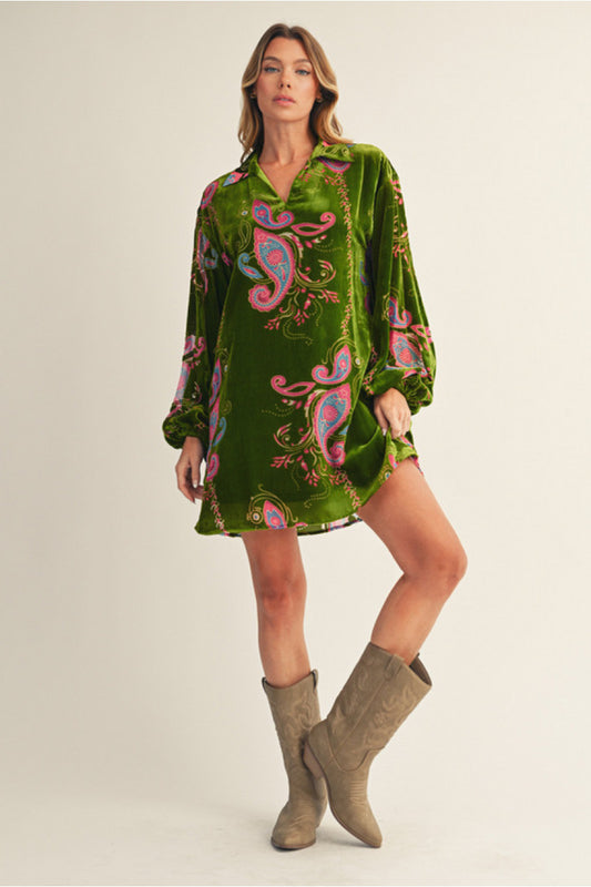 AVOCADO GREEN MIX VELVET PUFF SLEEVE DRESS