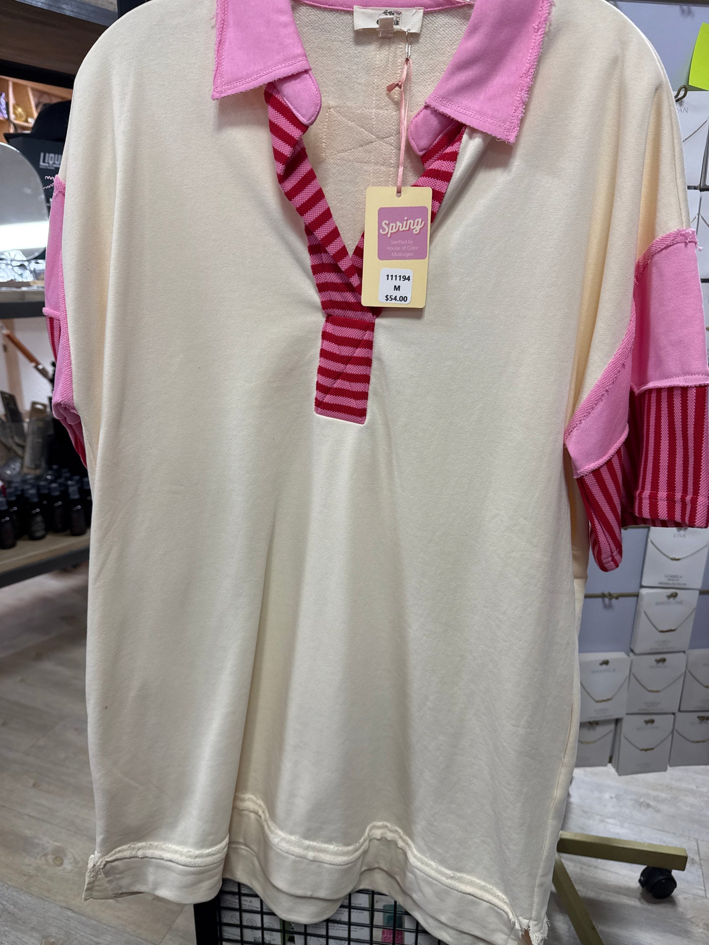 ECRU/PINK & RED STRIPE POLO SHIRT DRESS - M