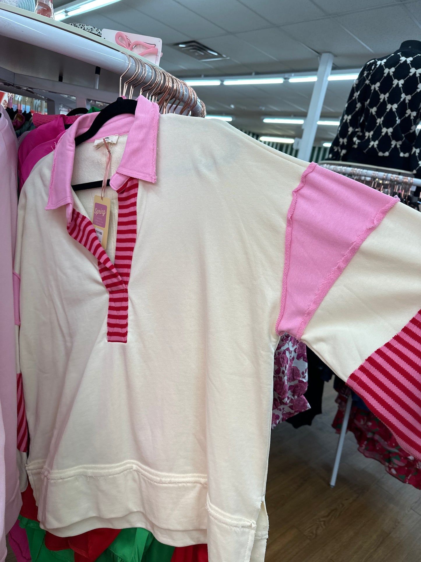 ECRU/PINK & RED STRIPE POLO SHIRT