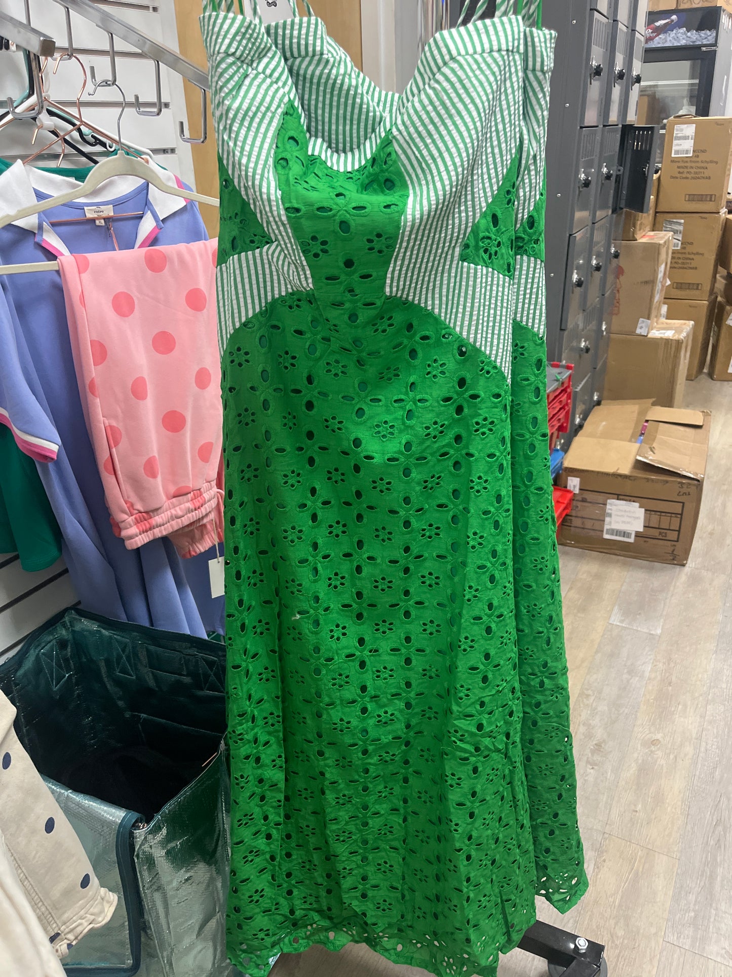 KELLY GREEN COTTON EYELET STRIPE MAXI DRESS