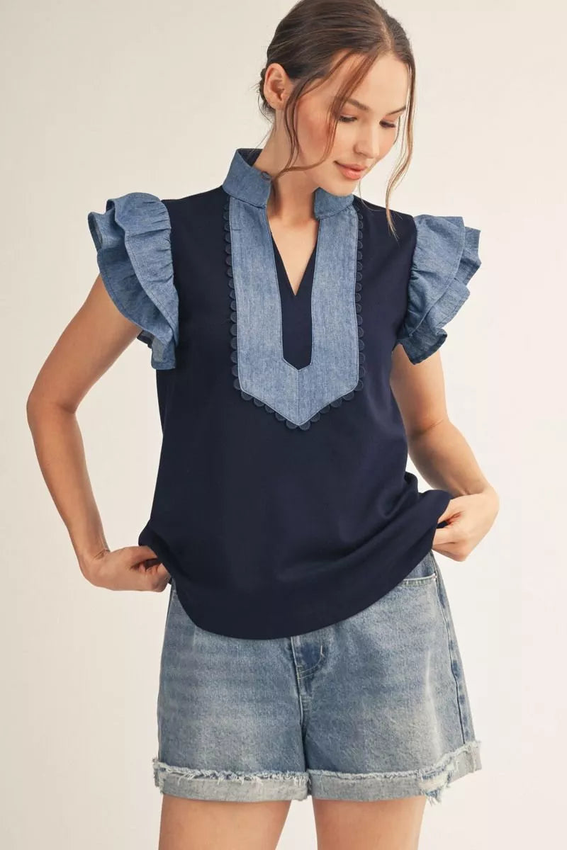RUFFLE SLEEVE V-NECK TOP WITH DENIM CONTRAST - NAVY