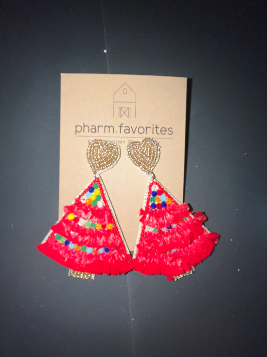 RED RAFFIA TREE EARRING