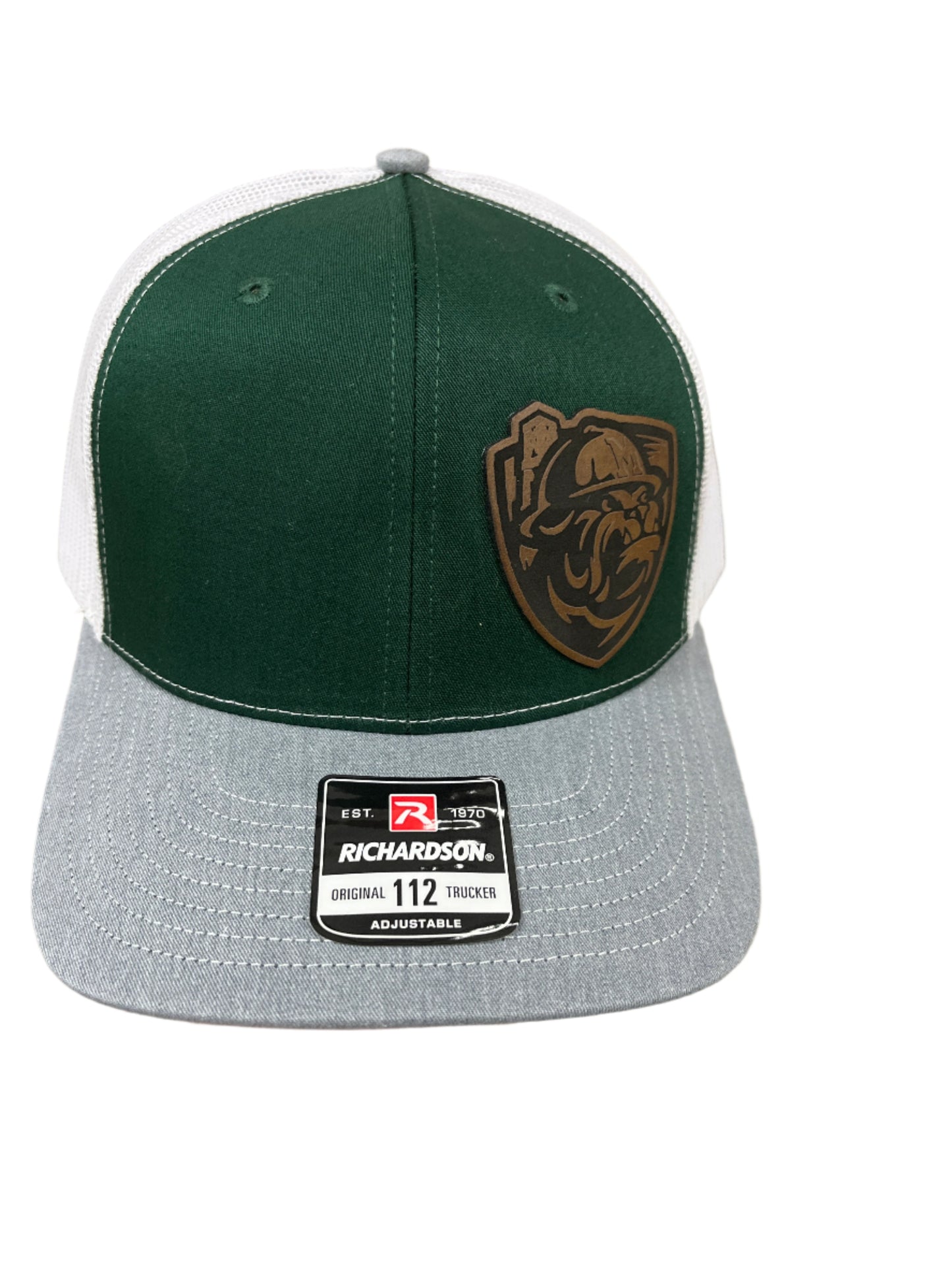 GREEN/WHITE/GREY HAT WITH OFF CENTER LEATHER ROUGHER PATCH