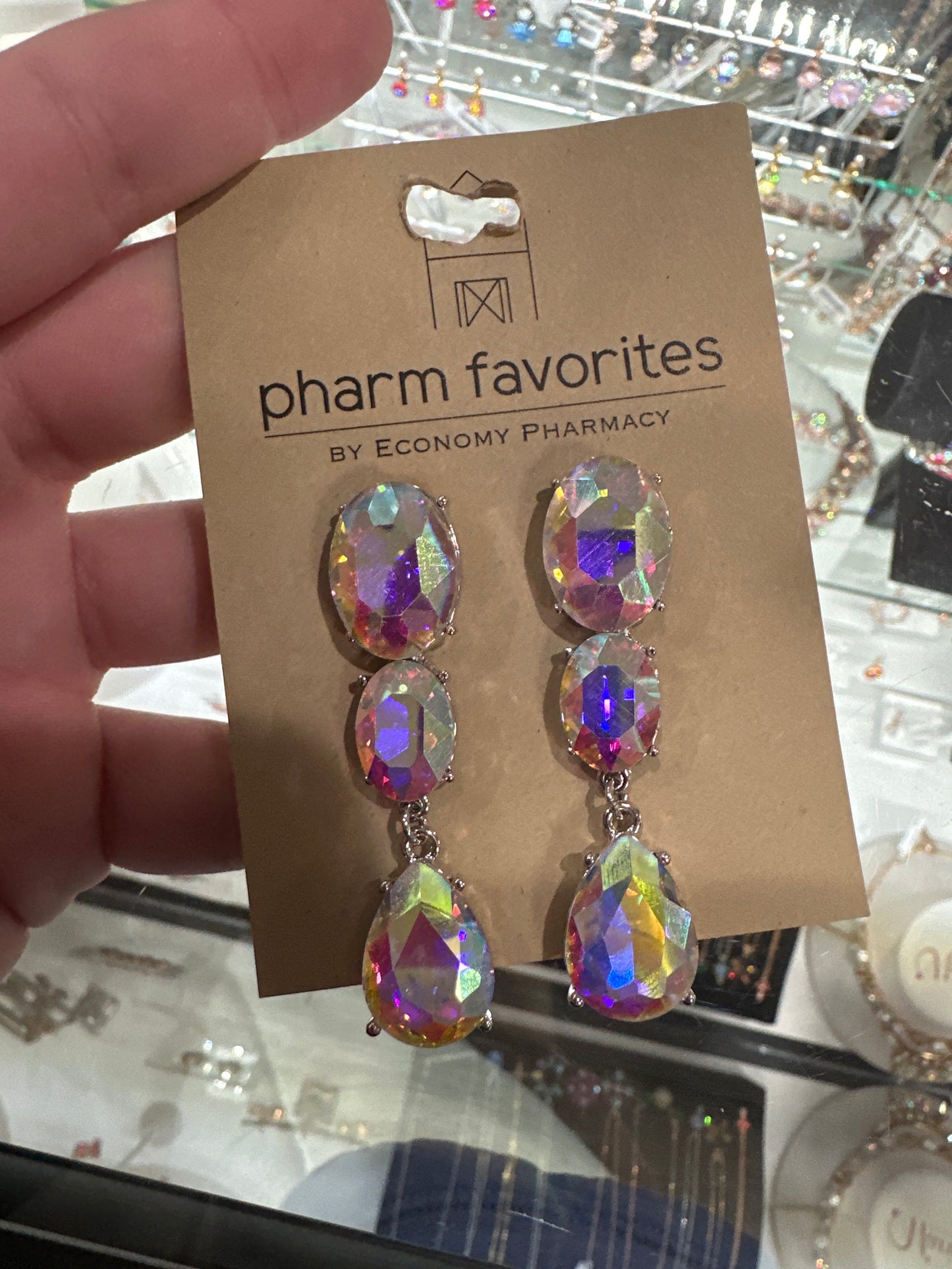 IRIDESCENT RHINESTONE 3 DROP EARRINGS