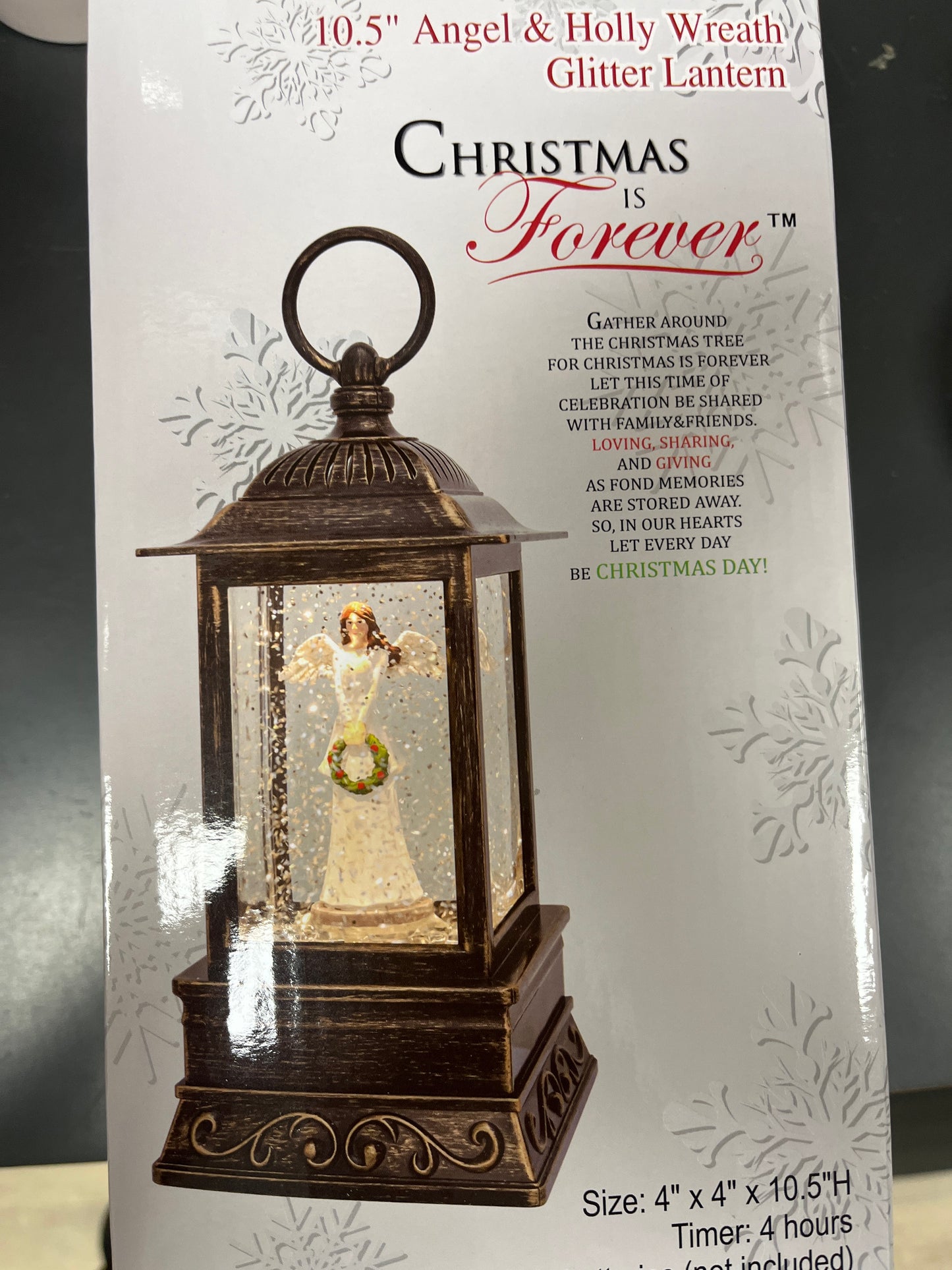 10.5" ANGEL & HOLLY WREATH GLITTER LANTERN