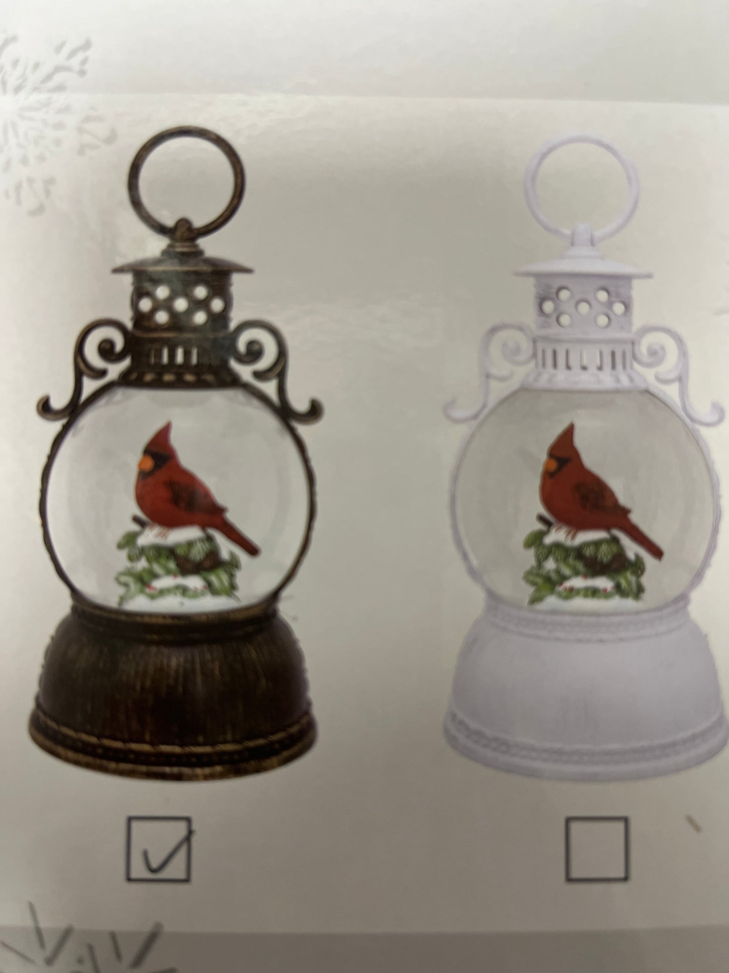 9.375" CARDINAL ON HOLLY & PINE GLITTER LANTERN - ASSORTED