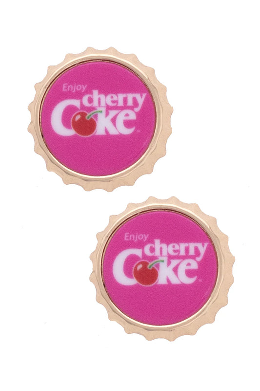 CHERRY COKE BOTTLE CAP STUD EARRINGS - PINK/RED/GOLD
