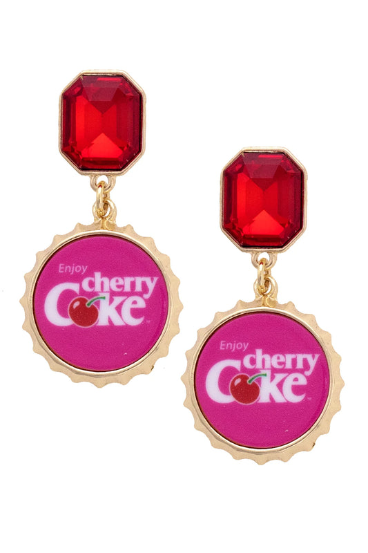 CHERRY COKE RHINESTONE ENAMEL BOTTLE CAP EARRINGS - PINK/RED/GOLD