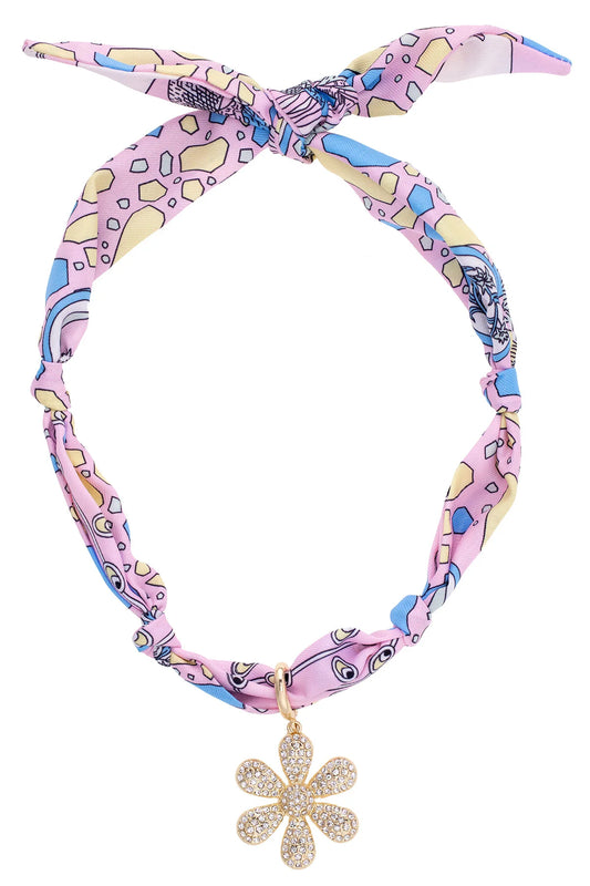 SCARLET PAVE DAISY SCARF NECKLACE IN LIGHT PINK, LIGHT BLUE, & YELLOW