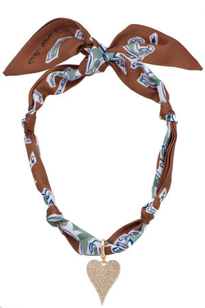 WINNIE PAVE HEART SCARF NECKLACE - BROWN