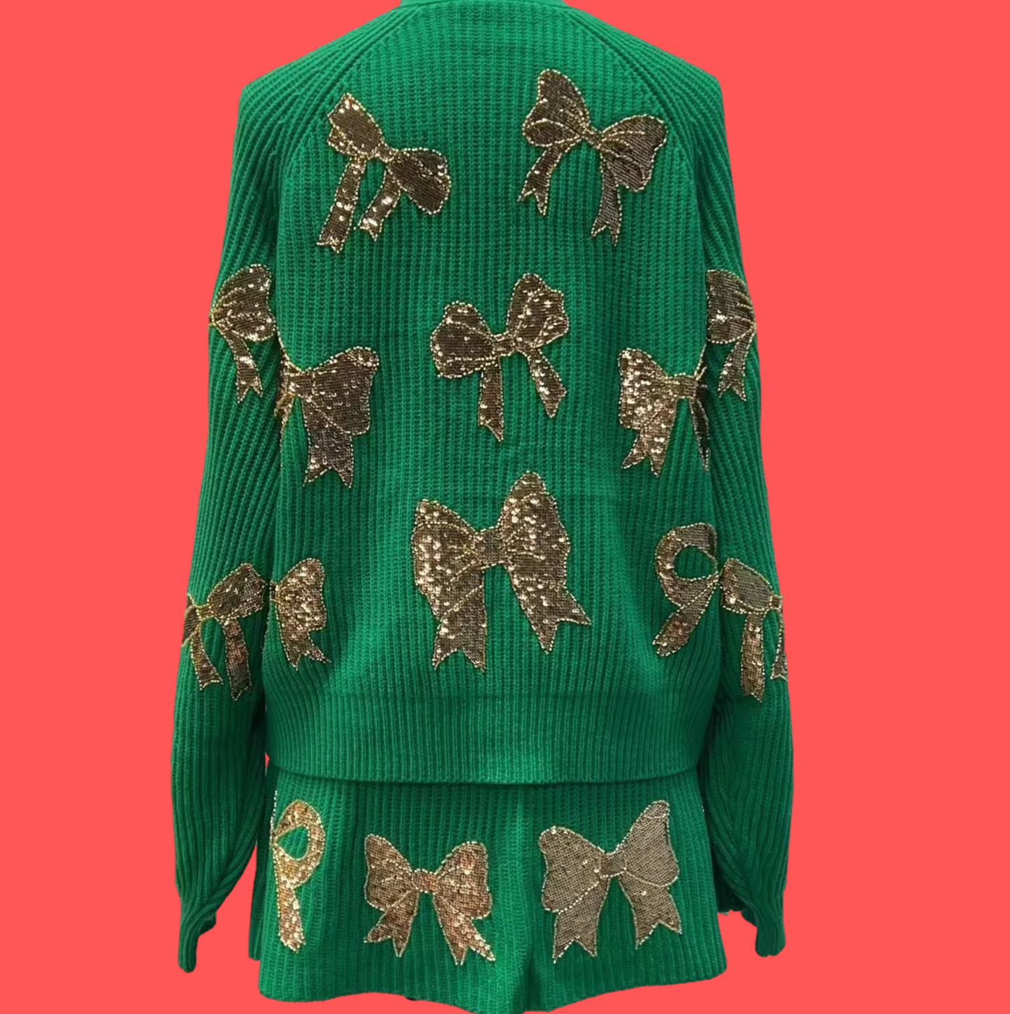 Queen of Sparkles Green & Gold Scattered Christmas Bow Cardigan & Skirt