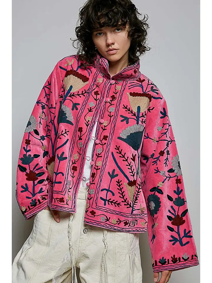 EMBROIDERED STAND COLLAR & CONTRAST TRIM VELVET JACKET - PINK