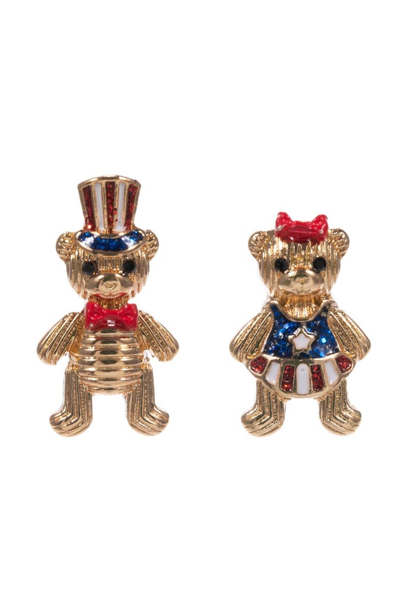 Teddybear Couple American Flag Enamel Post Earrings