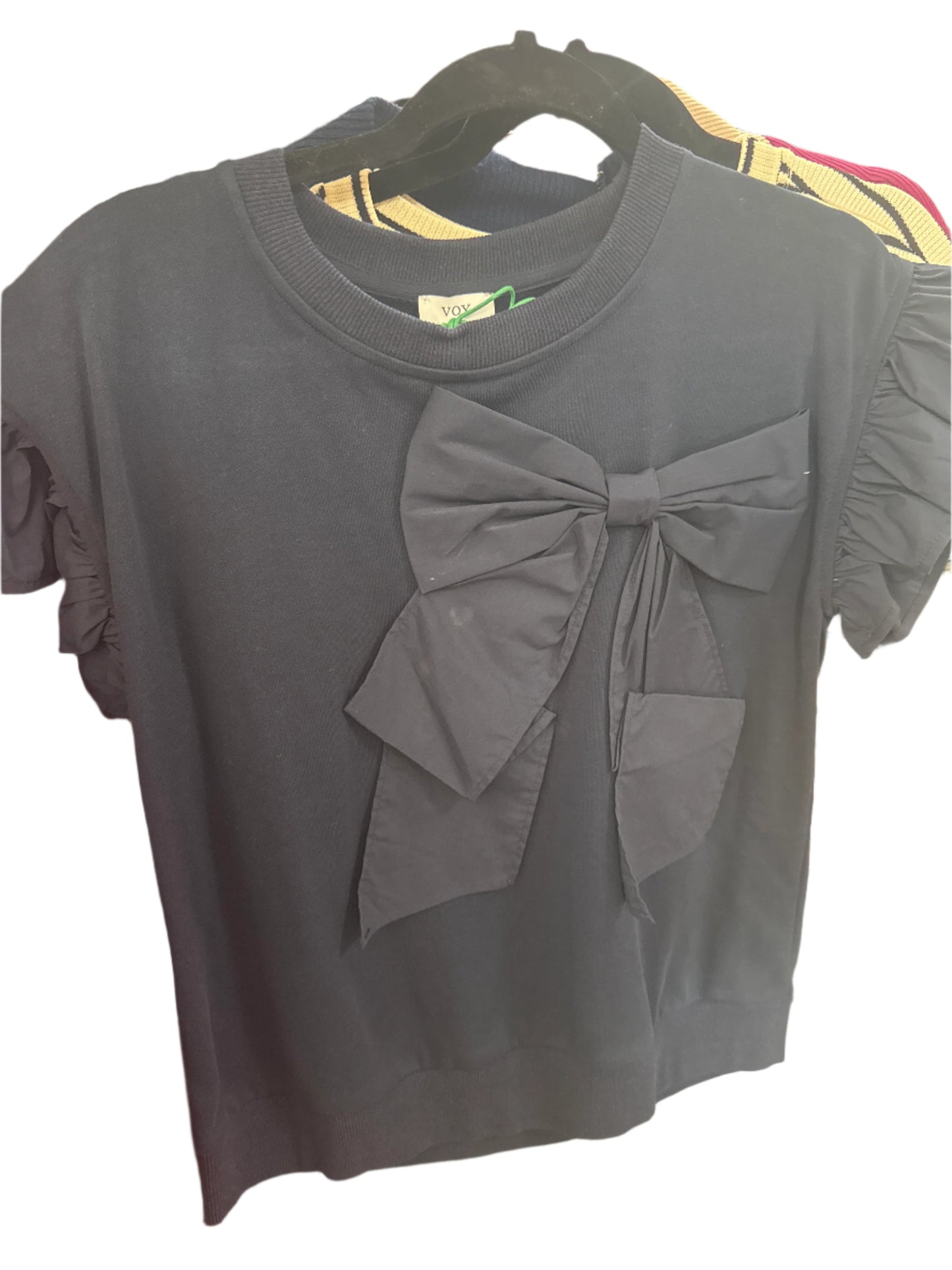 CONTRAST RIBBON RUFFLE SLEEVE TOP - NAVY