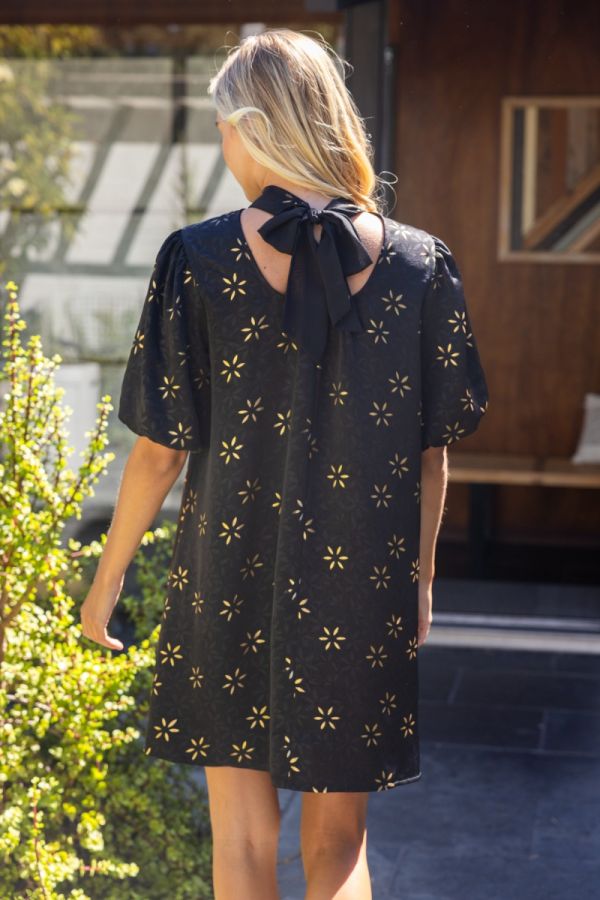 HIGH NECK TIE BACK METALLIC FLORAL PRINT DRESS - BLACK