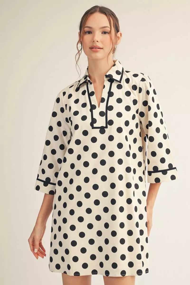 3/4 SLEEVE POLKA DOT V-NECK MINI DRESS