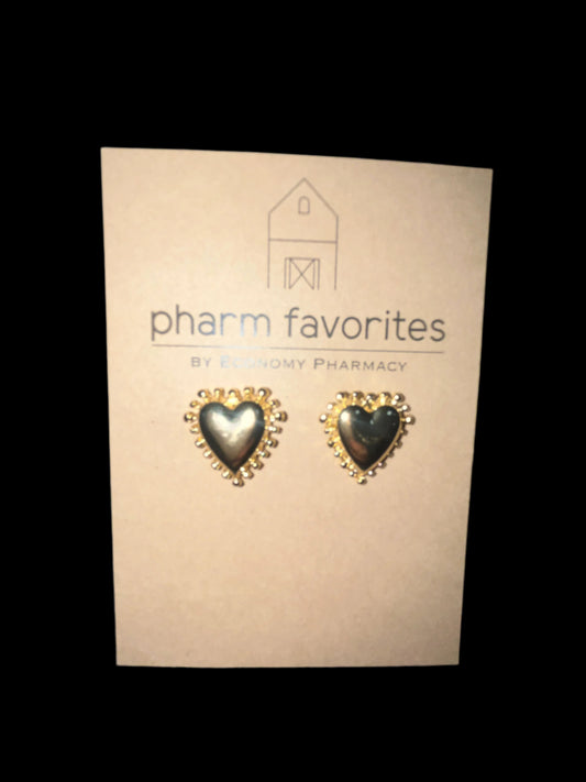 GOLD PUFFY HEART WITH BEADED EDGE STUD EARRINGS