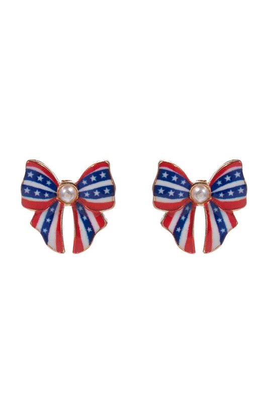 Bow Enamel American Flag Pattern Post Earrings: MUL3 / ONE