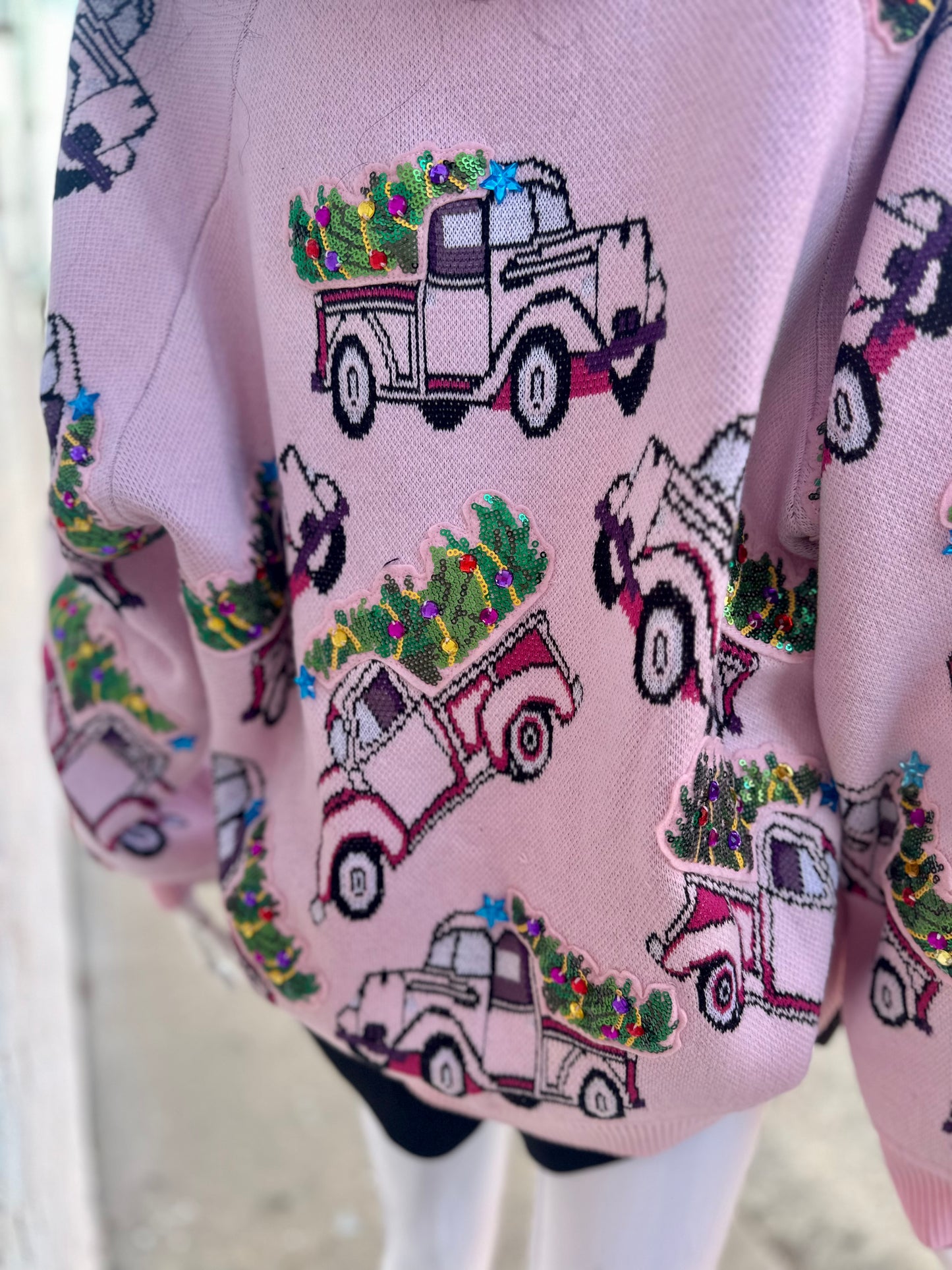 LIGHT PINK TRUCKS CHRISTMAS TREE CARDIGAN