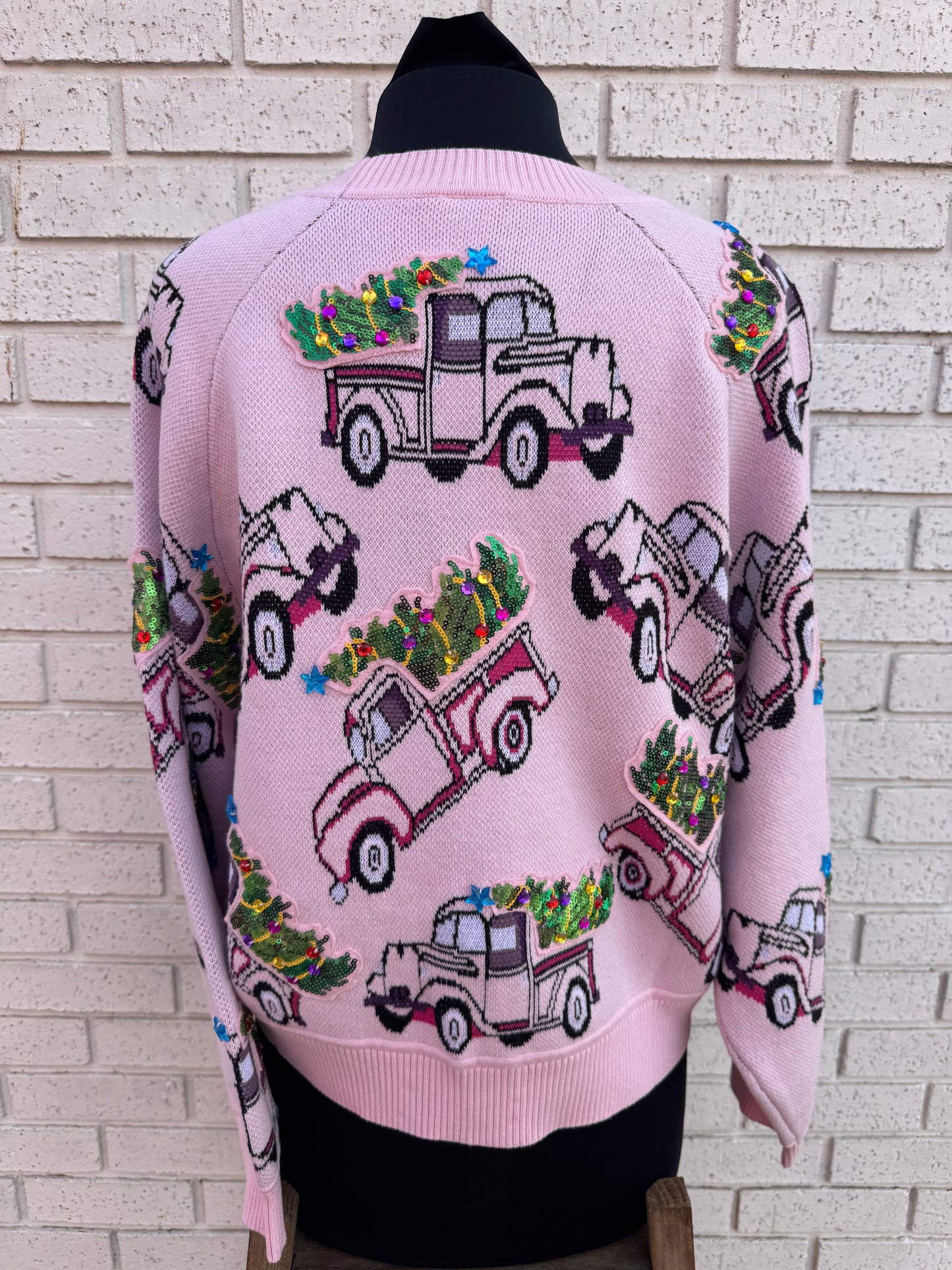 LIGHT PINK TRUCKS CHRISTMAS TREE CARDIGAN
