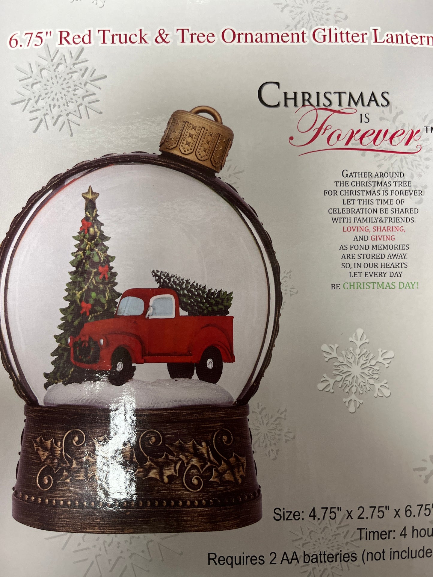 6.75" RED TRUCK & TREE ORNAMENT GLITTER LANTERN