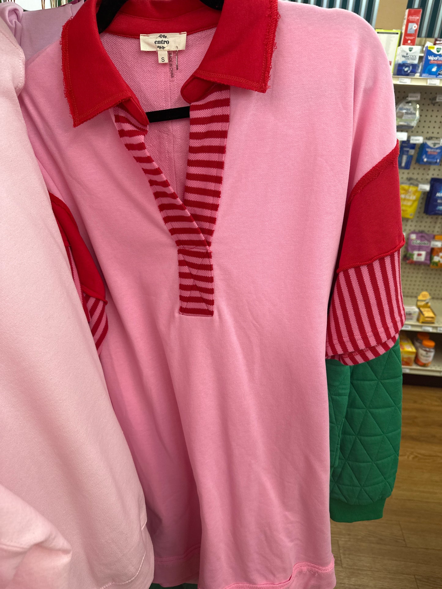 ECRU/PINK & RED STRIPE POLO SHIRT DRESS - S