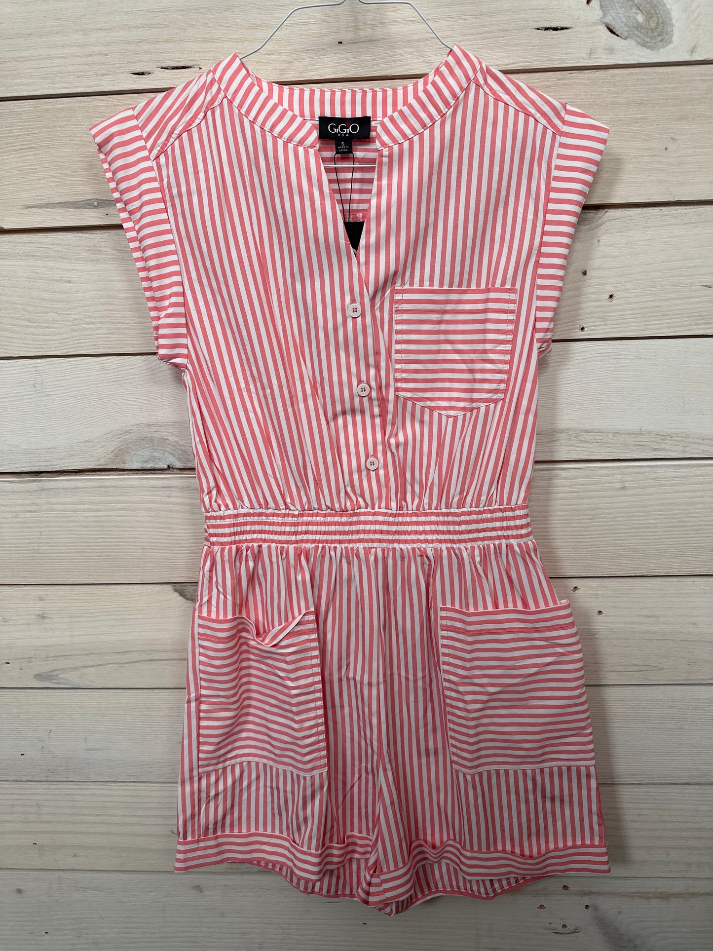 CORAL AND WHITE PINSTRIPE ROMPER