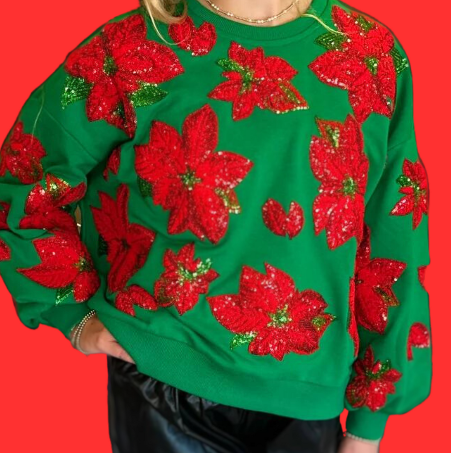 Green & Red Queen of Sparkles Poinsettia Sweatshirt