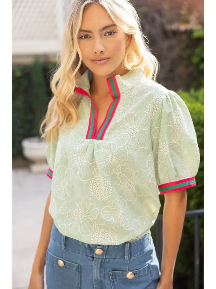 MINT COLOR CONTRAST BANDS FLORAL EMBROIDERED TOP