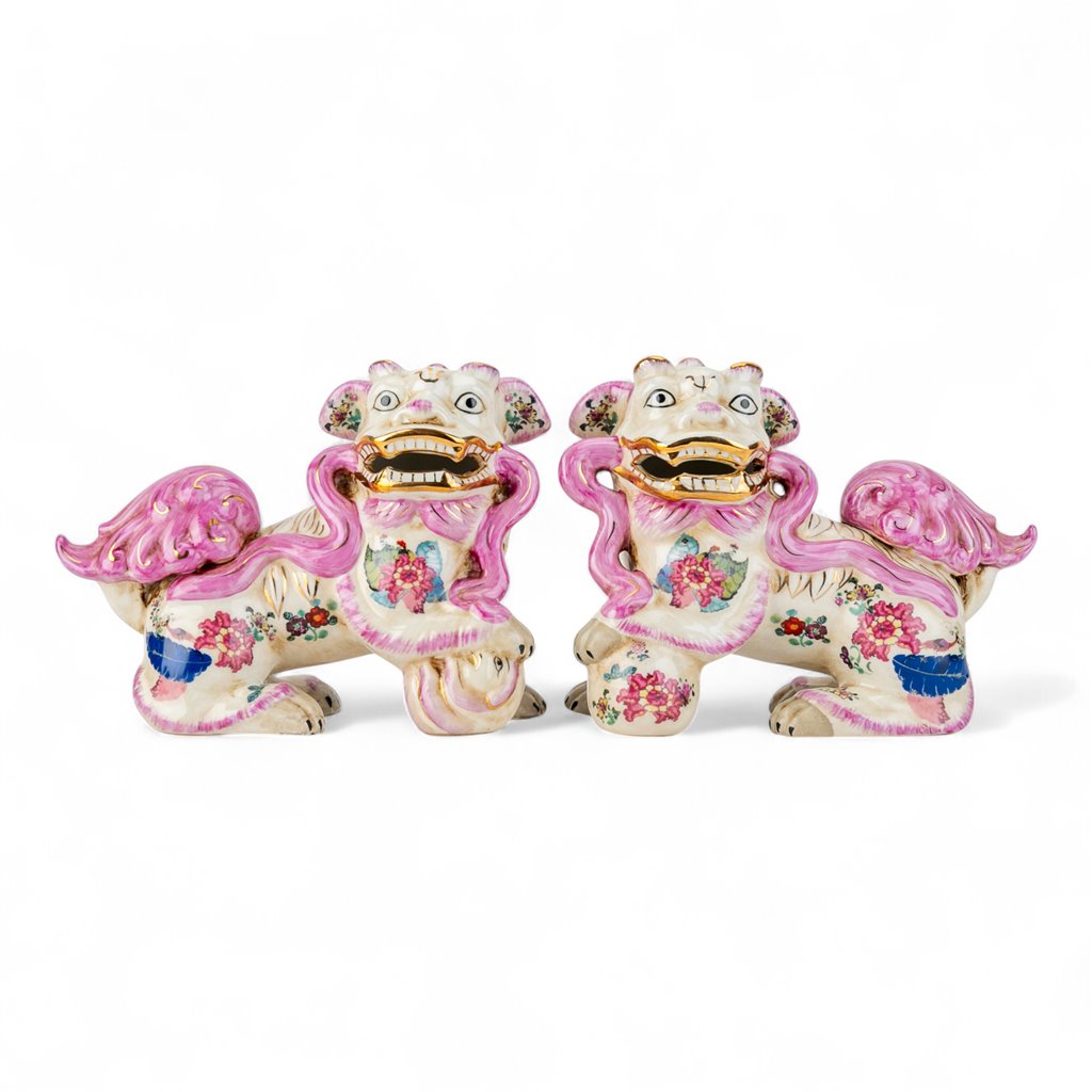 PINK TOBACCO LEAF PATTERN LUCKY FOO DOGS SET OF 2