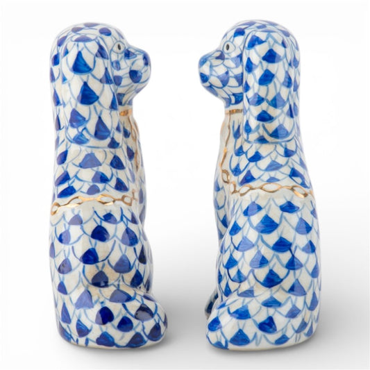 SMALL BLUE FISHNET STAFFORDSHIRE DOGS SET OF 2