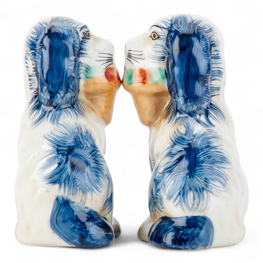 SMALL BLUE STAFFORDSHIRE DOGS WITH BASKET SET OF 2