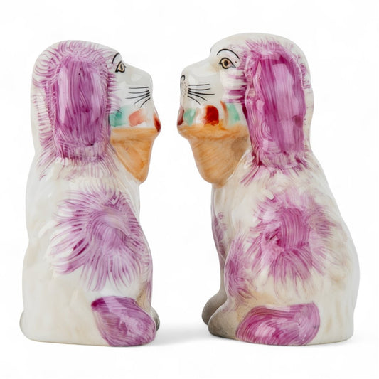 SMALL PINK STAFFORDSHIRE DOG WITH BASKET SET OF 2