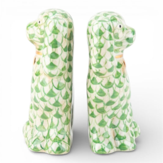 GREEN FISHNET PATTERN STAFFORDSHIRE DOGS SET OF 2