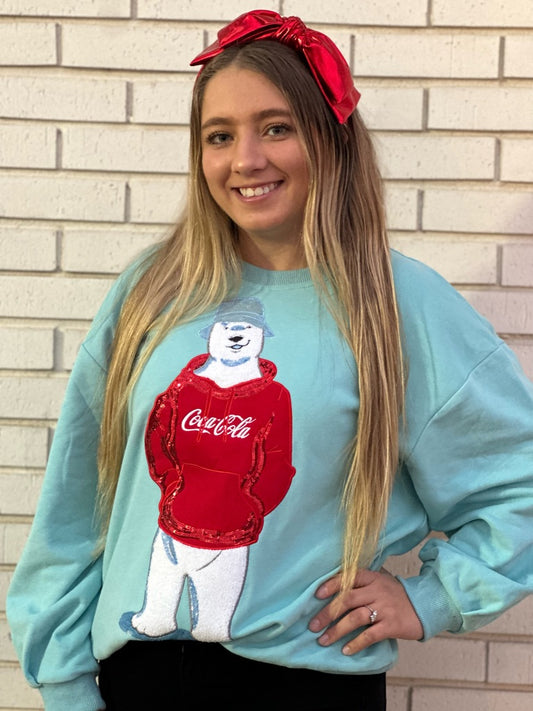 QUEEN OF SPARKLES ICY BLUE COCA COLA POLAR BEAR SWEATSHIRT