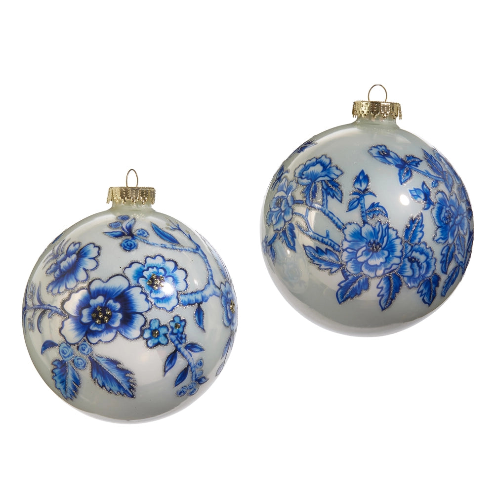 5" BLUE FLORAL BALL ORNAMENT
