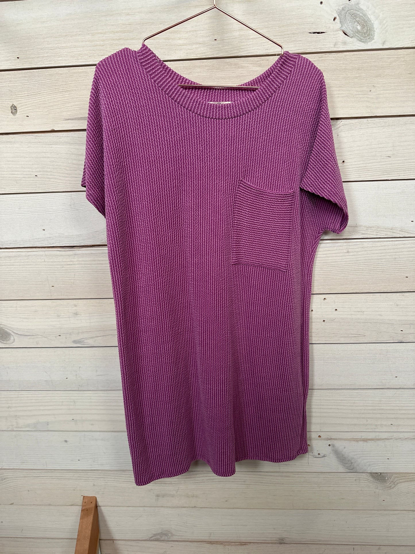PURPLE RIBBED SHORT SLV DRESS
