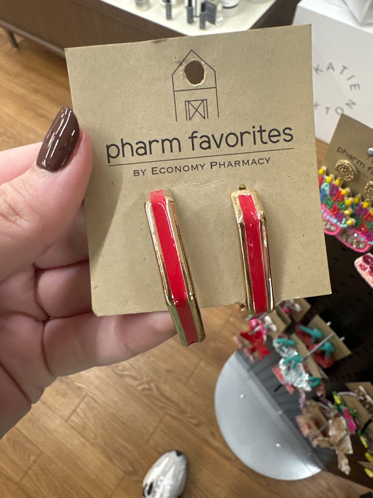 RED COLOR COATED METAL HEXAGON EARRINGS