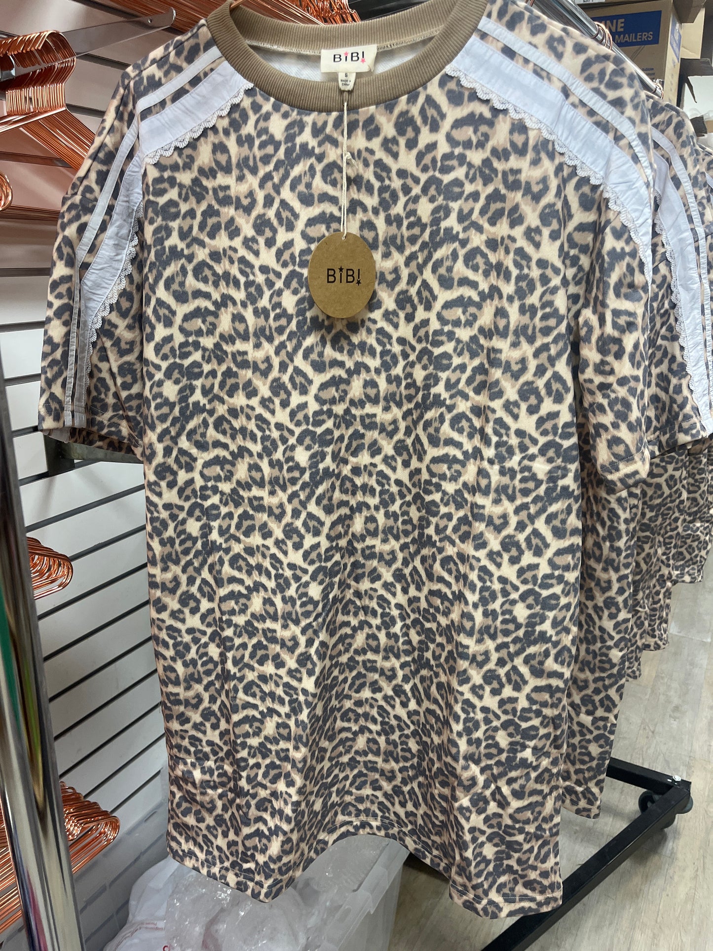 LEOPARD FRENCH TERRY SIDE LACE DETAIL DRESS