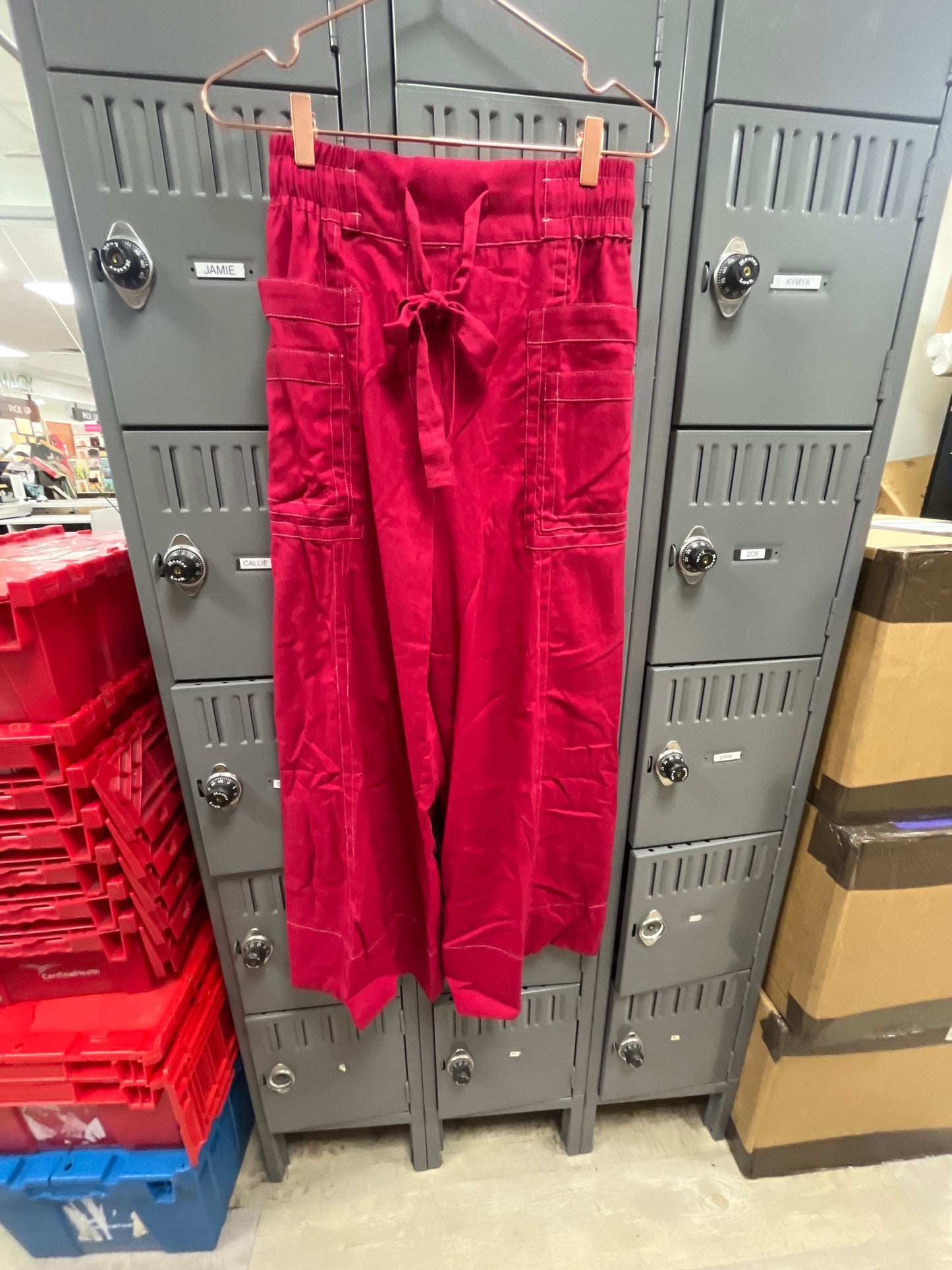 RED LINEN WIDE LEG PANTS WITH TIE AND CONTRASTING STITCHING