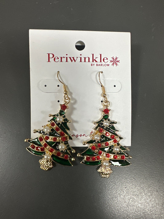 GOLD/GREEN CHRISTMAS TREES WITH RED & PEARL EARRINGS