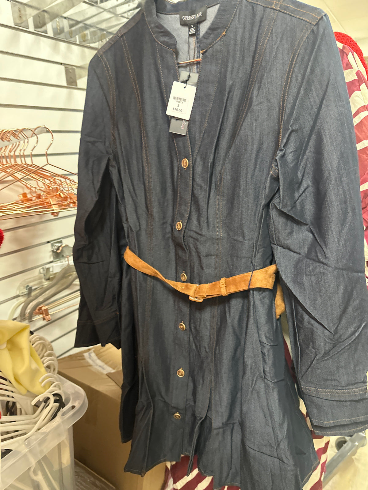 DARK DENIM MINI DRESS WITH FAUX SUEDE BELT