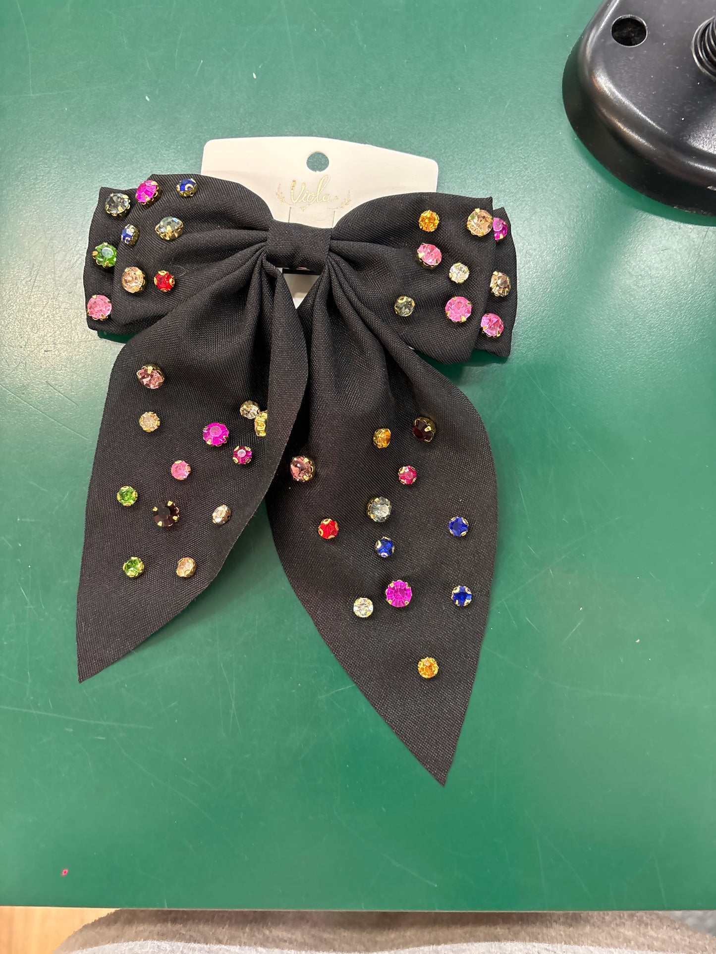 BLACK HAIR BOW W/RHINESTONES