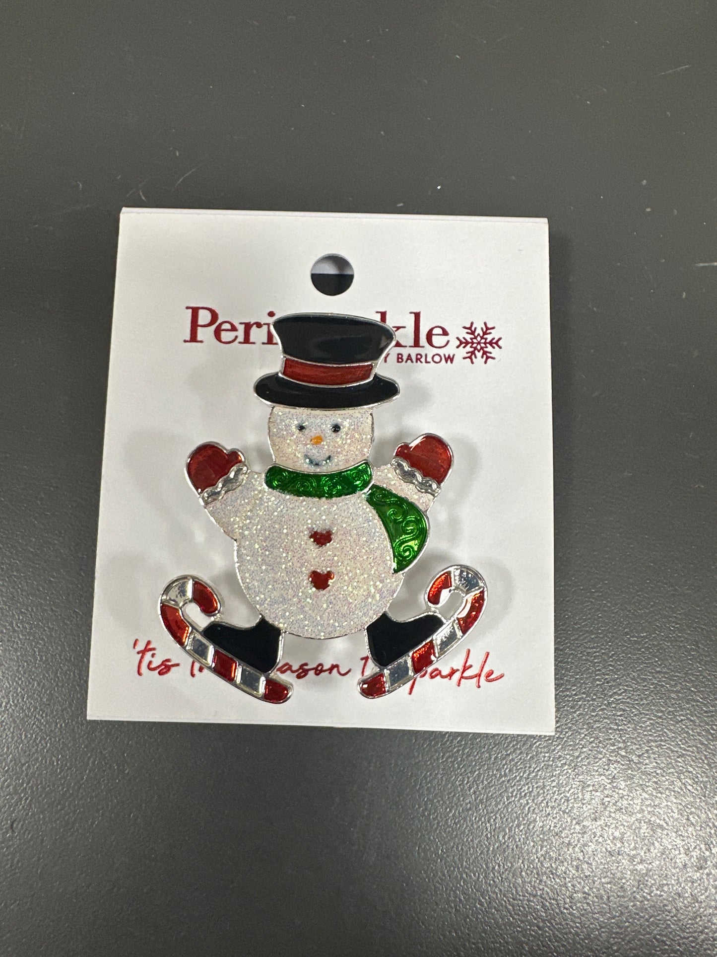 GLITTER SNOWMAN WITH CANDY CANE SKATES BROOCH